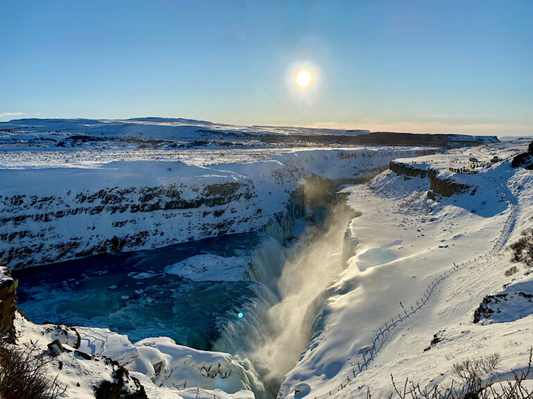 Picture of view at Gullfoss Waterfall in synny, wintery day.
