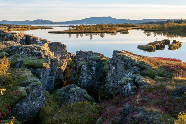 View of Thingvellir Lake in autumn.