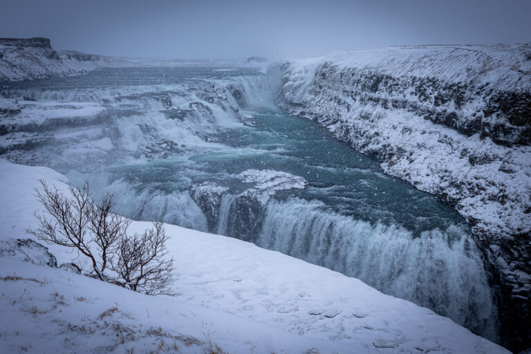 Picture of the view at Gullfoss Waterfall on a wintery day.