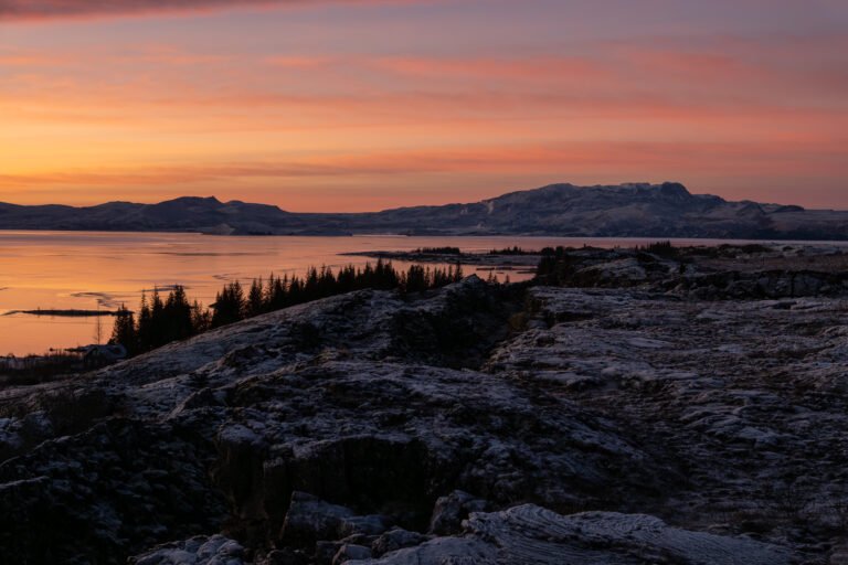 Picture of the view on the Geothermal Power Station from Thingvellir National Park in wintery sunrise.