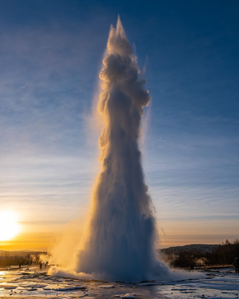 A winter eruption of Strokkur at sunset. A few seconds of chaos in perfect light.