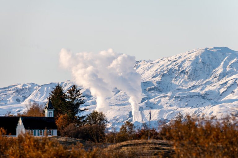 Picture of the view on the Geothermal Power Station from Thingvellir National Park in autumn.